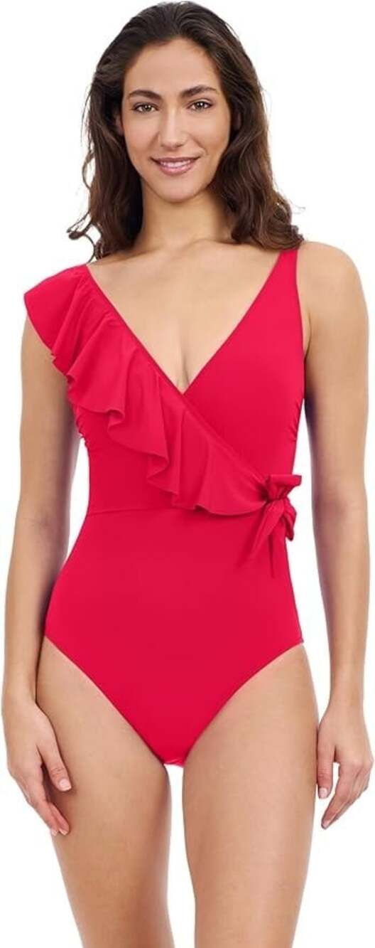 Profile by Gottex Tutti Frutti Size 14 Red Rose V-Neck Ruffle One Piece Swimsuit